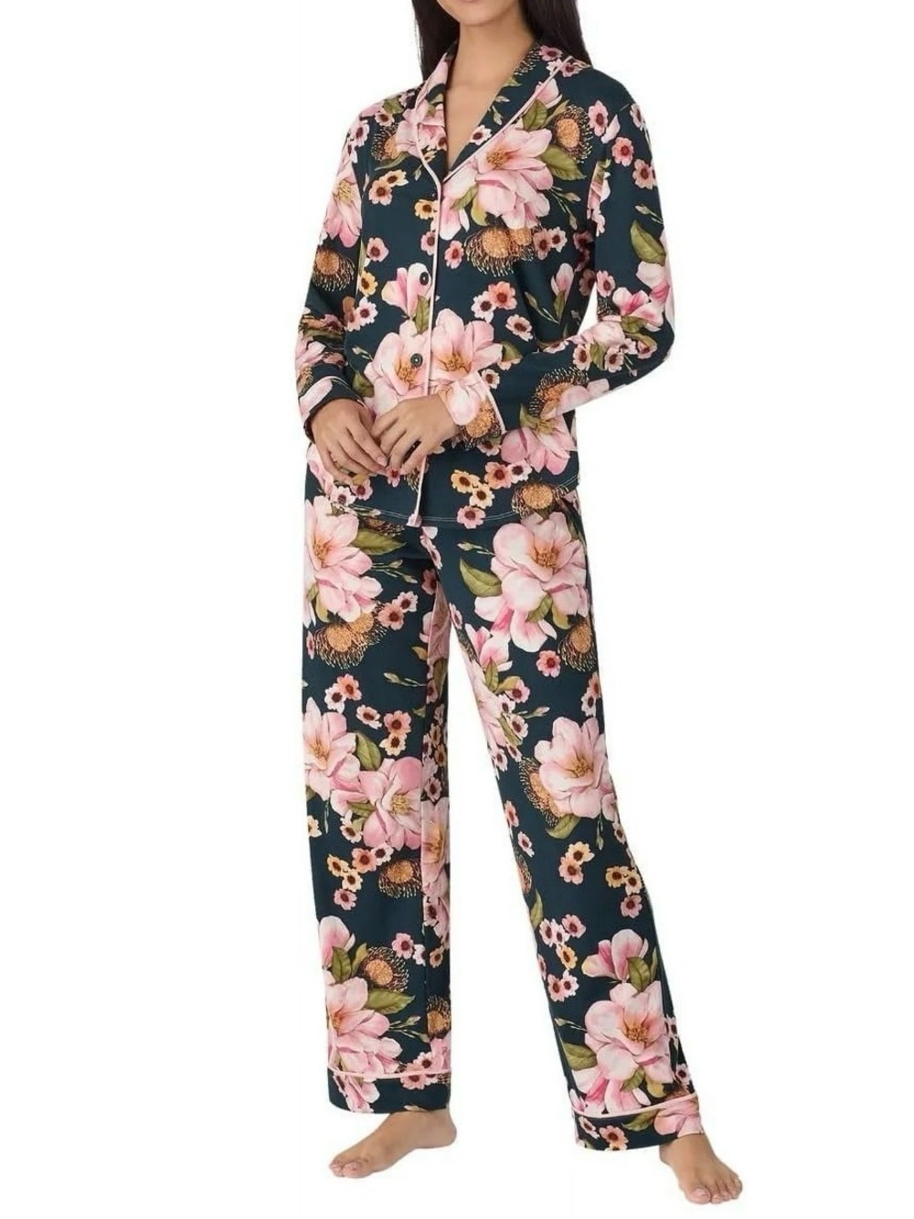 Room service Floral Satin Long Sleeve Pajama Set - Dark Green with Pink Bloom